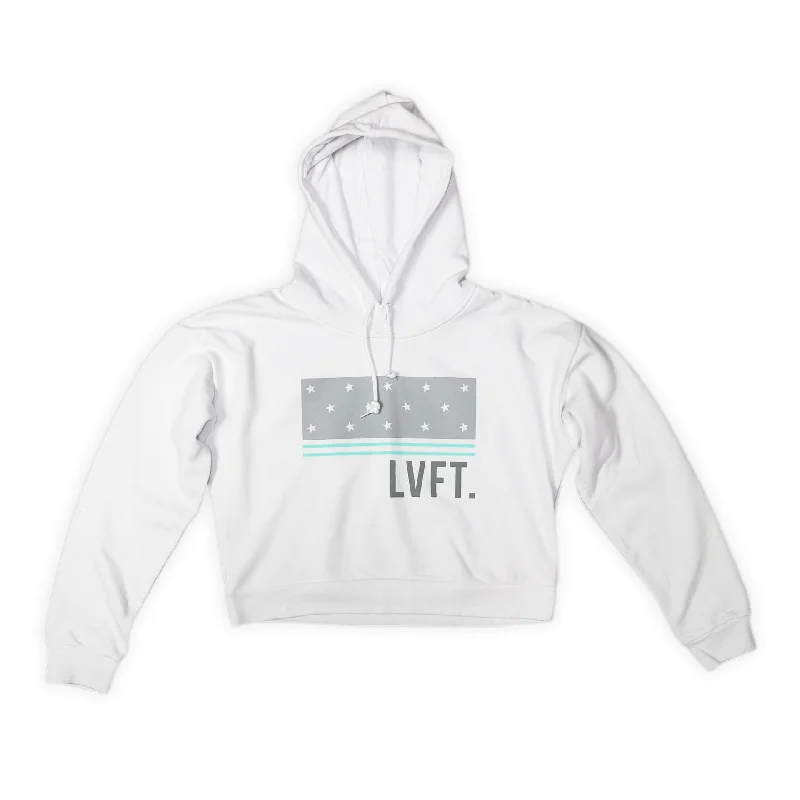 Block Stars Crop Hoodie- White/Teal Hoodie with Raglan Sleeves Sporty Comfortable