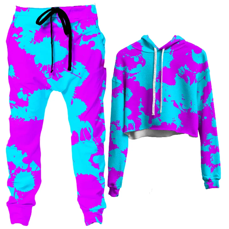 Blue and Purple Paint Splatter Crop Hoodie and Joggers Combo Hoodie with Logo Branding Identity