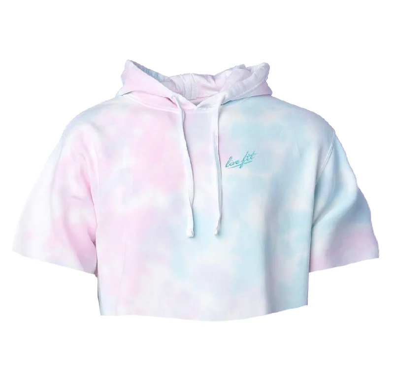 Cotton Candy Raw Crop Hoodie - Teal Hoodie with Hem Fringe Bohemian Relaxed
