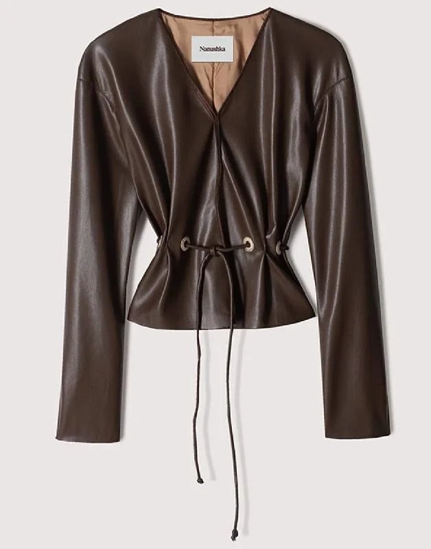Dark Brown Vegan Leather Faroe Jacket Fleece Fabric Down Fabric Feather Fabric