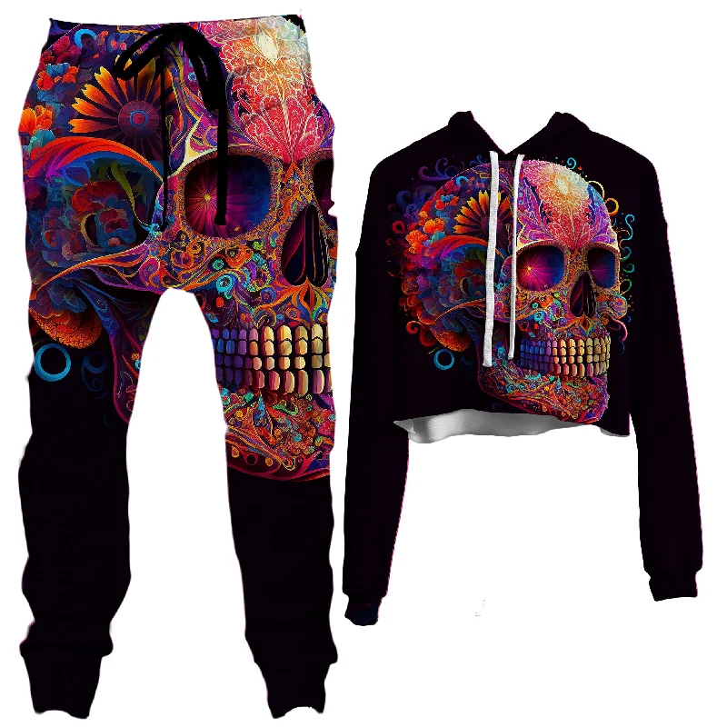 DOTD Skull Crop Hoodie and Joggers Combo Hoodie with Double Zipper Versatile Adjustable