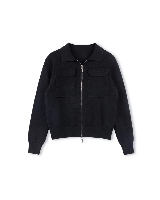 Double Pocket Zip Up Knit Jacket Hooded Jacket Caped Jacket Shawl Collar Jacket