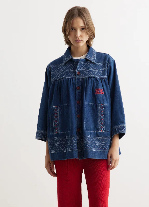 Embroidered Denim Quincy Jacket Nylon Fabric Polyester Fabric Spandex Fabric