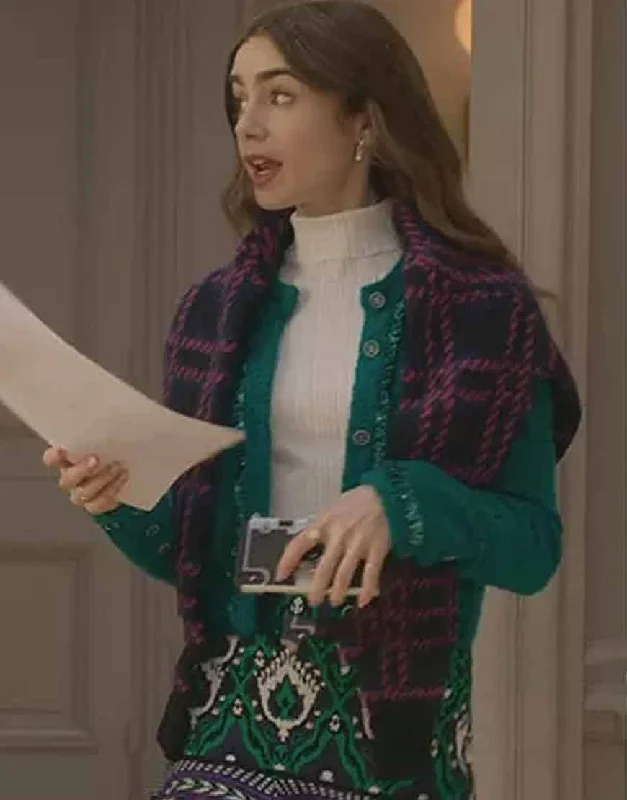 Emily In Paris Lily Collins Checked Sweater Tailored Straight A-Line
