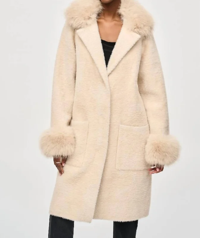 Faux Fur Sweater Coat In Champagne Iron Safe Non-Iron Wrinkle Free