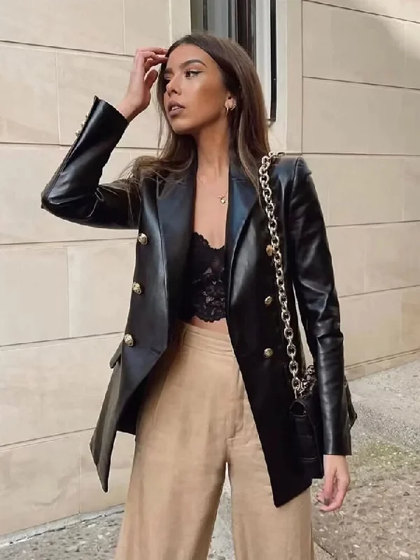 Faux Leather Blazer Jacket Women Vintage Black Long PU Jacket Coat Wool Fabric Cashmere Fabric Tweed Fabric Faux Leather Blazer Jacket Women Vintage Black Long PU Jacket Coat Wool Fabric Cashmere Fabric Tweed Fabric