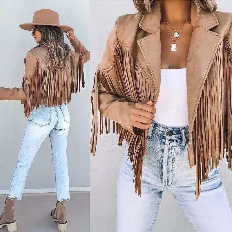 Fringed Hem Tassel Cardigan Crop Tops Motor Biker Jacket Suede Leather Wool Jacket Cashmere Jacket Tweed Jacket