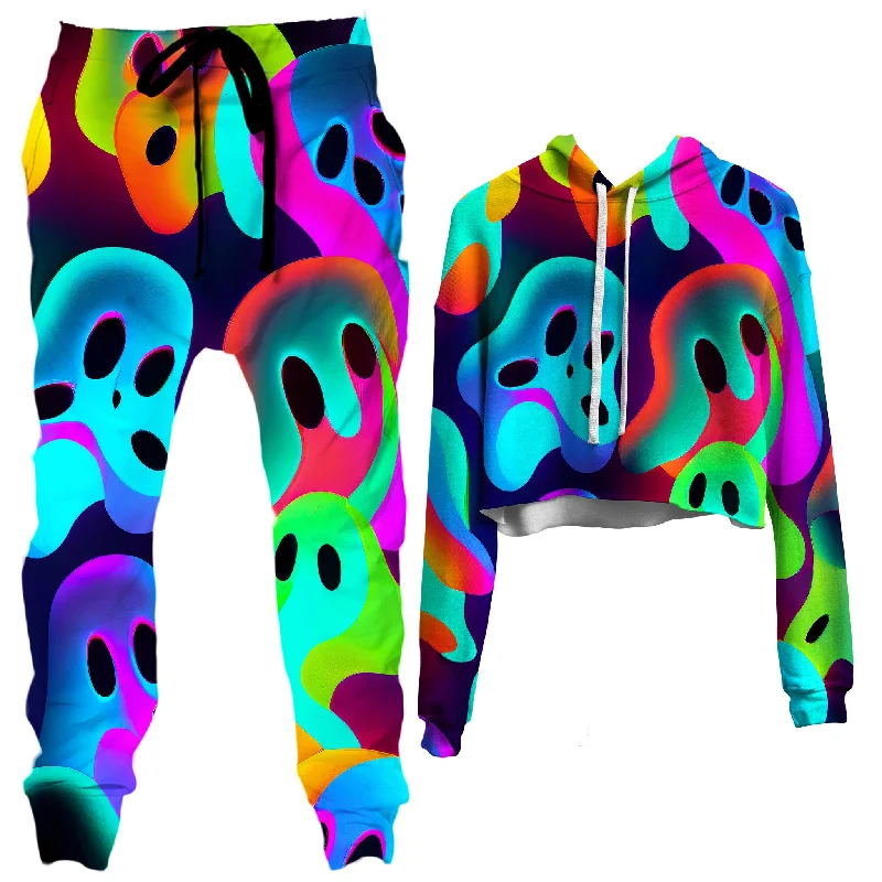 Ghostly Crop Hoodie and Joggers Combo Hoodie with Hem Patch Decorative Personalized