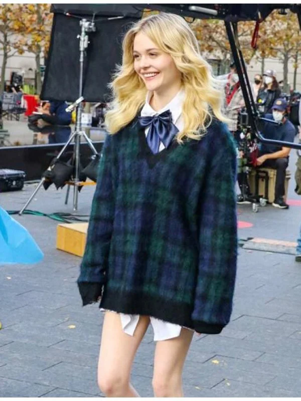 Gossip Girl 2021 Audrey Hope Plaid Wool Sweater Glossy Satin Silk