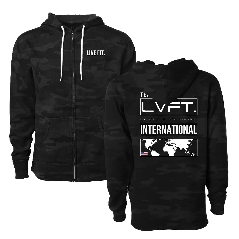 International Zip-Up Hoodie- Black Camo Hoodie with Side Slits Relaxed Casual