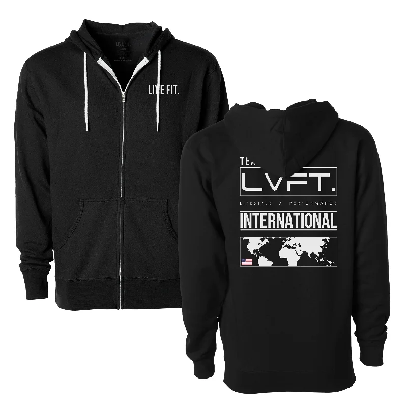 International Zip Up Hoodie - Black / White Hoodie with Puffed Sleeves Voluminous Trendy