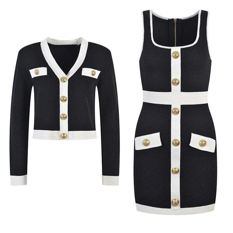 Newest Spring Fall Design Contrast Color Luxury Rib Knit Set Sweater Matching 2 Pieces Dress Sets Sequined Glittery Shiny Newest Spring Fall Design Contrast Color Luxury Rib Knit Set Sweater Matching 2 Pieces Dress Sets Sequined Glittery Shiny