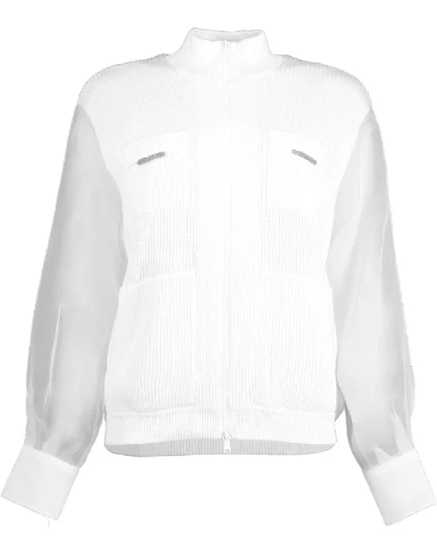 Organza-Sleeved Zip-Through Sweater Welt Pockets Slit Pockets Flap Pockets