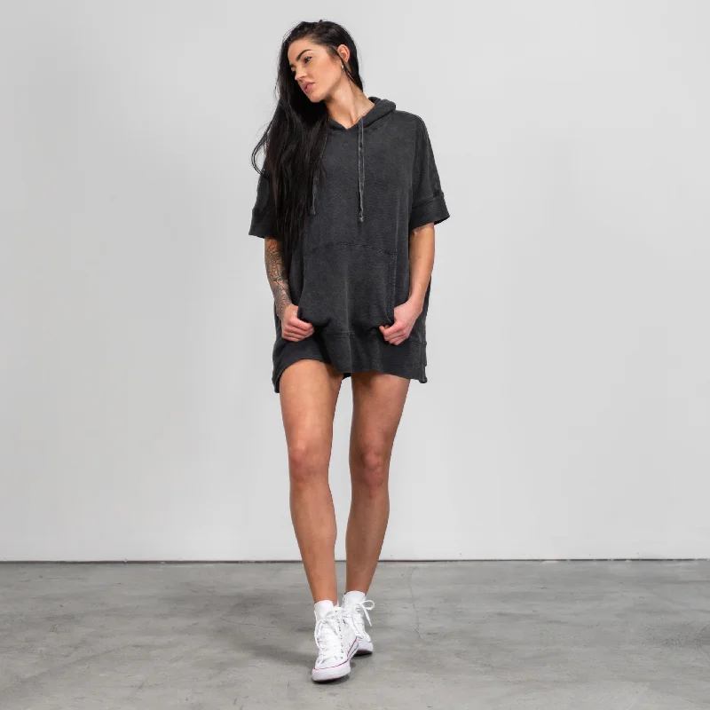 Oversized Vintage Short Sleeve Hoodie - Vintage Black Hoodie with Cropped Fit Short Trendy