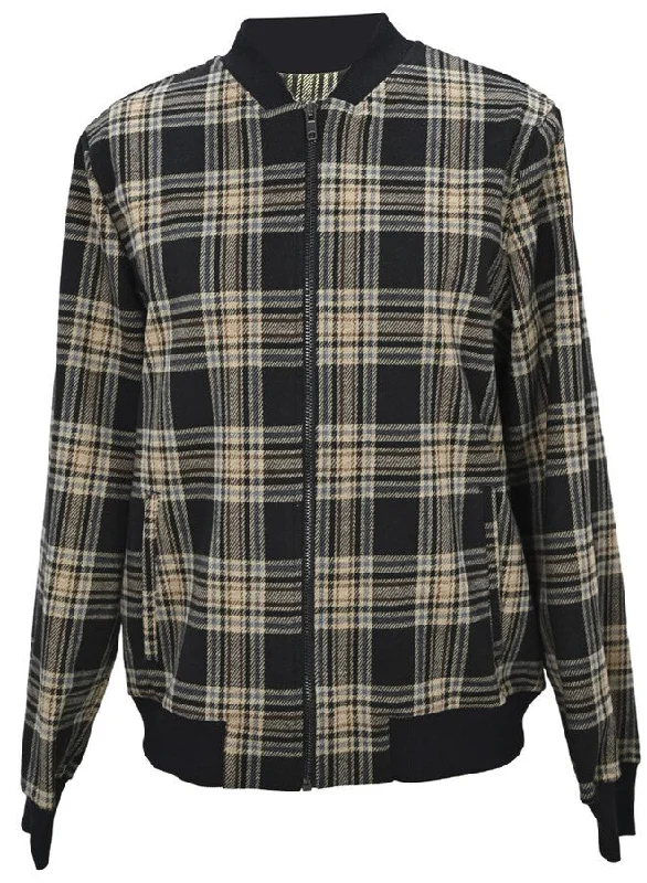 Plaid Bomber Jacket Front Pockets Side Pockets Patch Pockets
