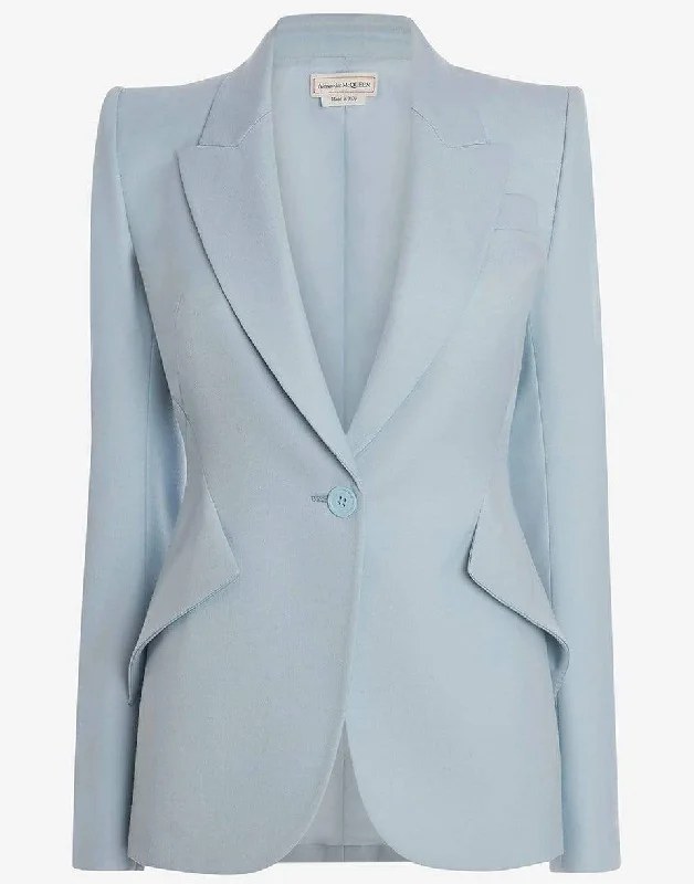 Powder Blue Peak Shoulder Wool Jacket Stand-Up Collar Roll-Neck Collar Turtle Neck