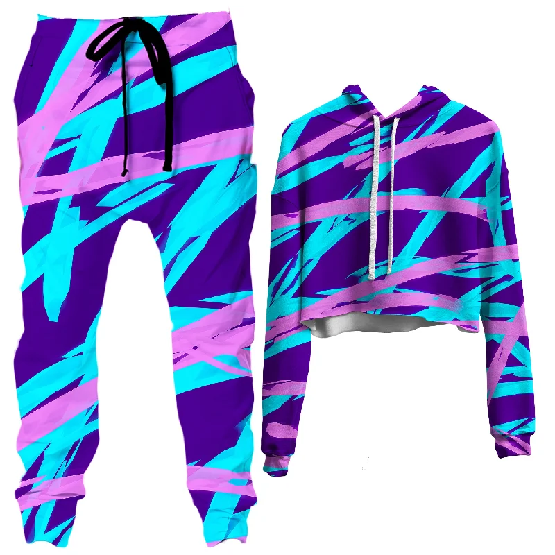 Purple and Blue Rave Abstract Crop Hoodie and Joggers Combo Hoodie with Hood Adjustable Protection