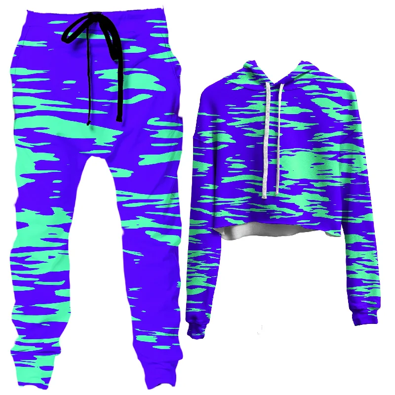 Purple Mint Rave Zebra Stripe Crop Hoodie and Joggers Combo Hoodie with Strings Custom Fit Adjustable