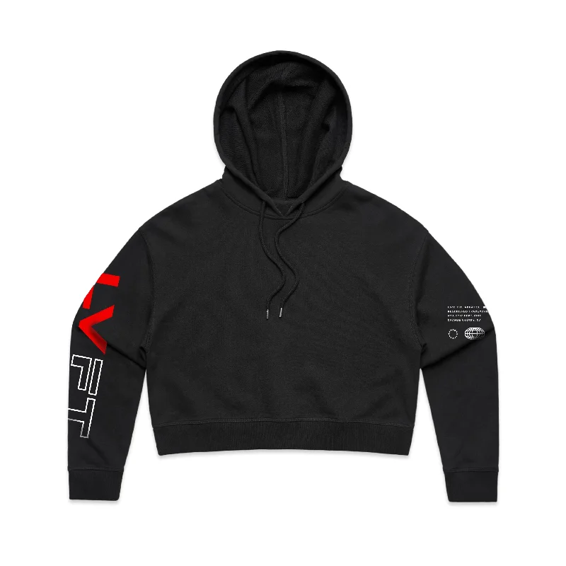 Racer Crop Hoodie - Black/Red Hoodie with Pattern Geometric Abstract