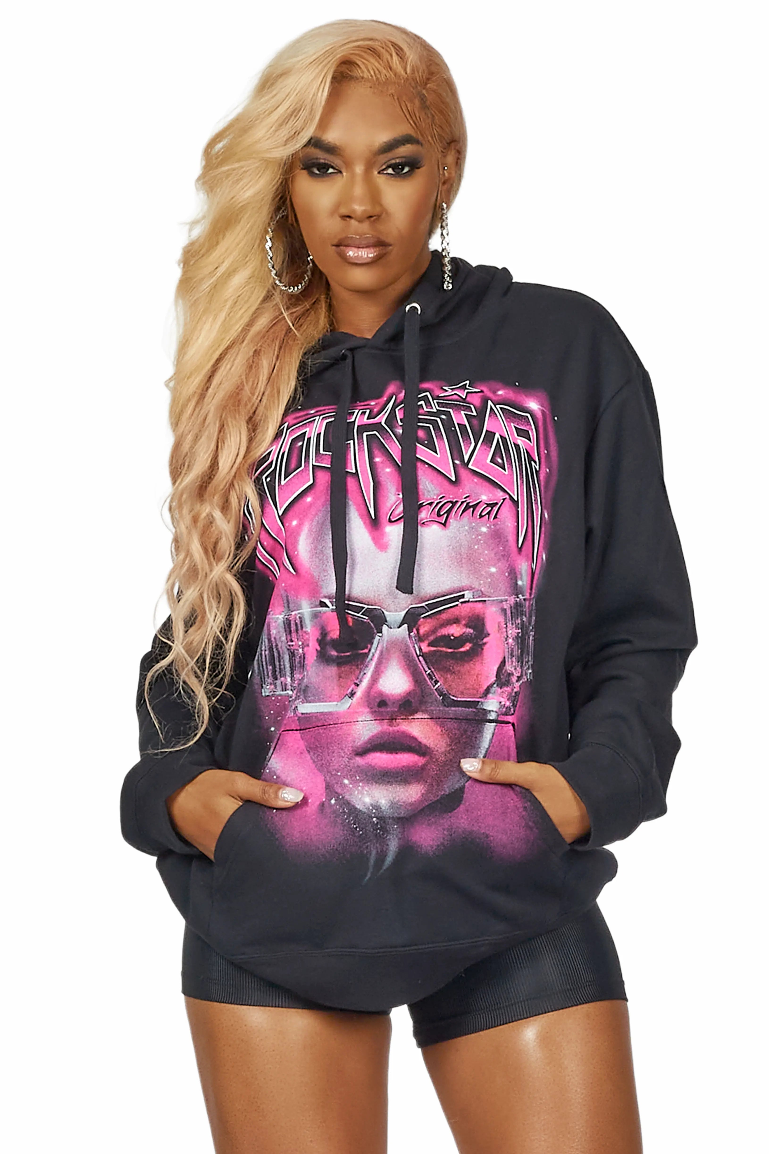 Kinai Black Oversized Hoodie Hoodie with V-Neck Classic Versatile