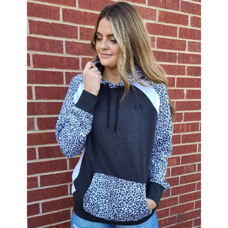 Hooey Women's Savannah Black & White Cheetah Hoodie Hoodie with Snap Buttons Easy Quick