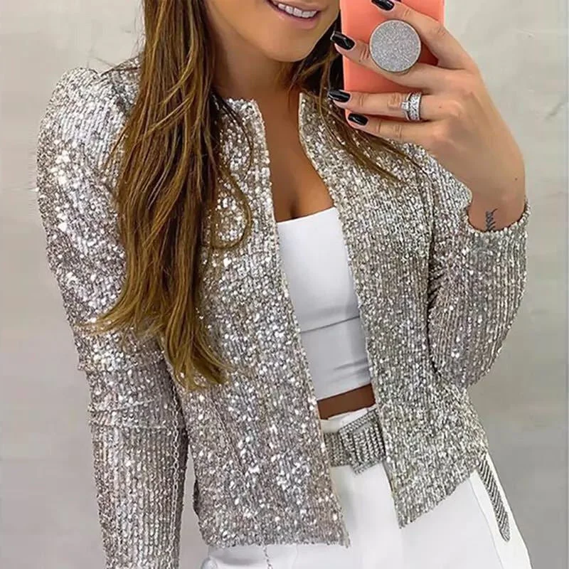 Sequins Shiny Jacket Elegant O Neck Outerwear Chenille Fabric Brocade Fabric Lace Fabric Sequins Shiny Jacket Elegant O Neck Outerwear Chenille Fabric Brocade Fabric Lace Fabric