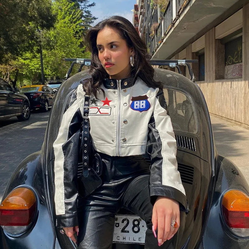 Streetwear PU Womens Jackets Short Motorcycle Jacket Women Crop Top Fall Patchwork  Leather Jacket for Ladies Fitted Jacket Loose Jacket Oversized Jacket