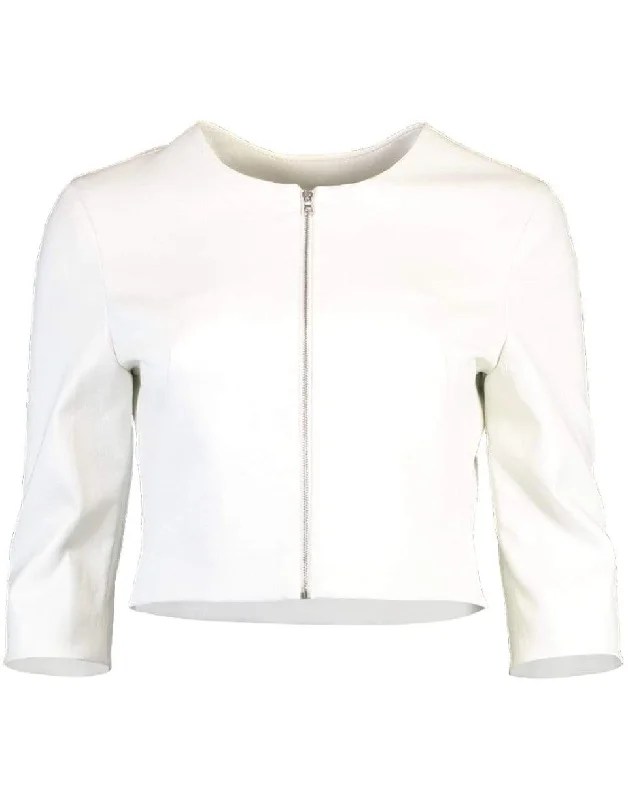 Stretch Leather Cardigan Jacket - White Snapped Jacket Toggled Jacket Drawstring Jacket