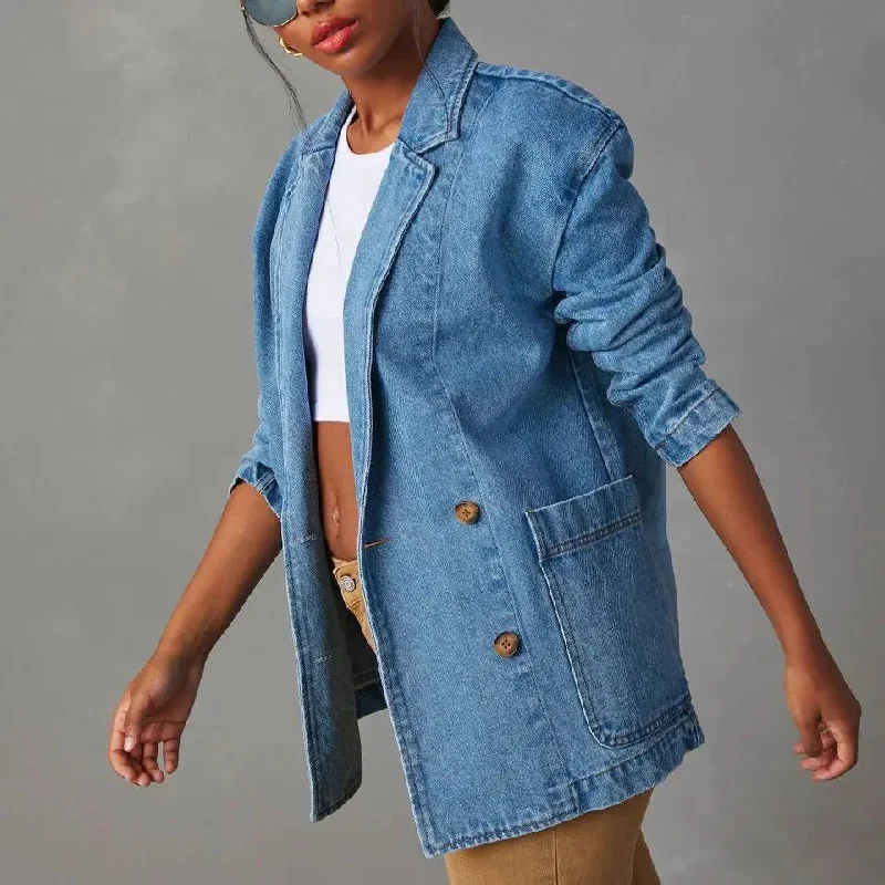 Vintage Blue Denim Jacket Turn-down Collar Solid Color Jackets Coat Wool Jacket Cashmere Jacket Tweed Jacket Vintage Blue Denim Jacket Turn-down Collar Solid Color Jackets Coat Wool Jacket Cashmere Jacket Tweed Jacket