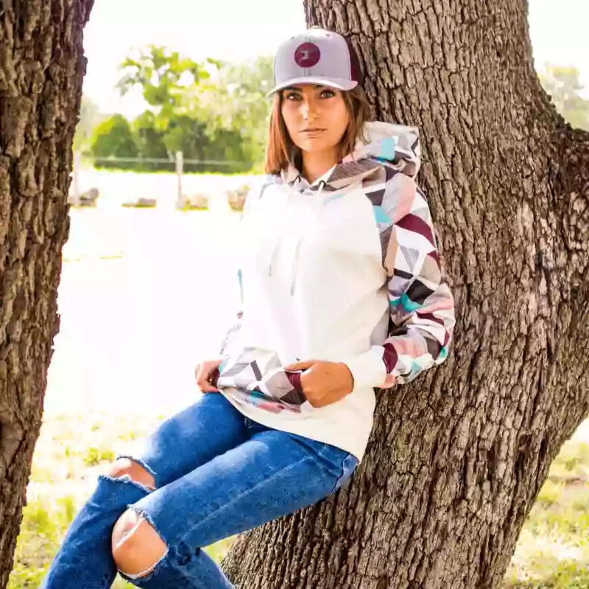 Hooey Women's White Multi-Aztec Hoodie Hoodie with Belted Waist Structured Tailored
