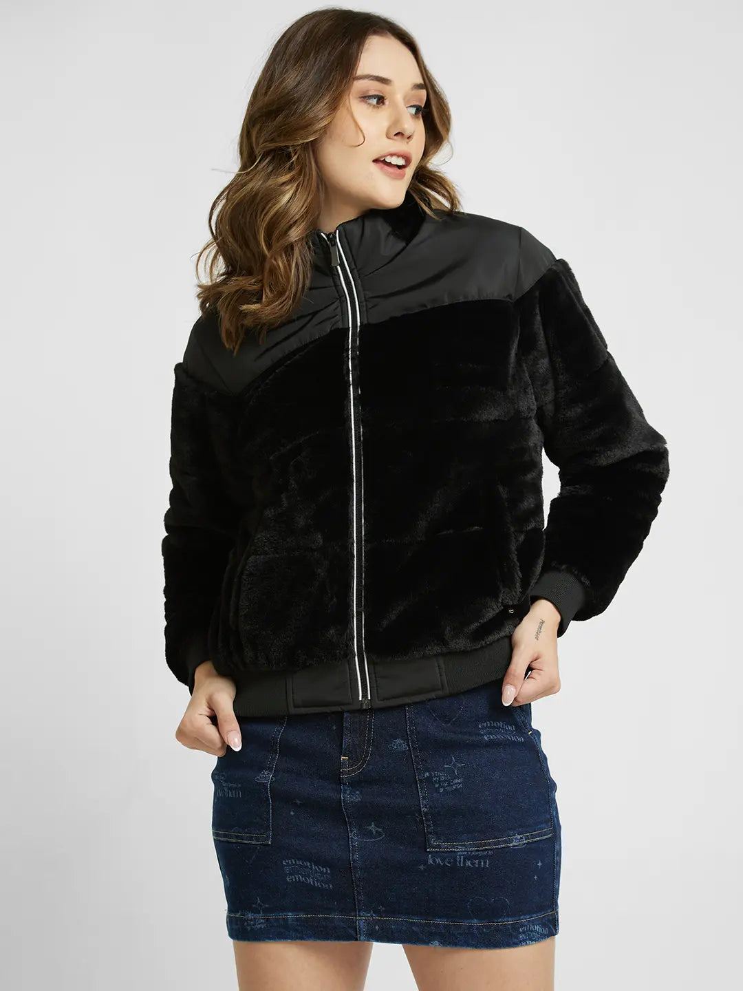 Spykar Women Black Regular Fit High Neck Plain Jacket Boat Neck Shawl Collar Notched Collar Spykar Women Black Regular Fit High Neck Plain Jacket Boat Neck Shawl Collar Notched Collar