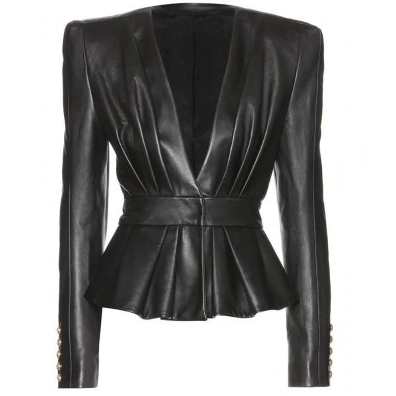 Women Black Leather Peplum Jacket Notch Collar Peter Pan Collar Cowl Neck