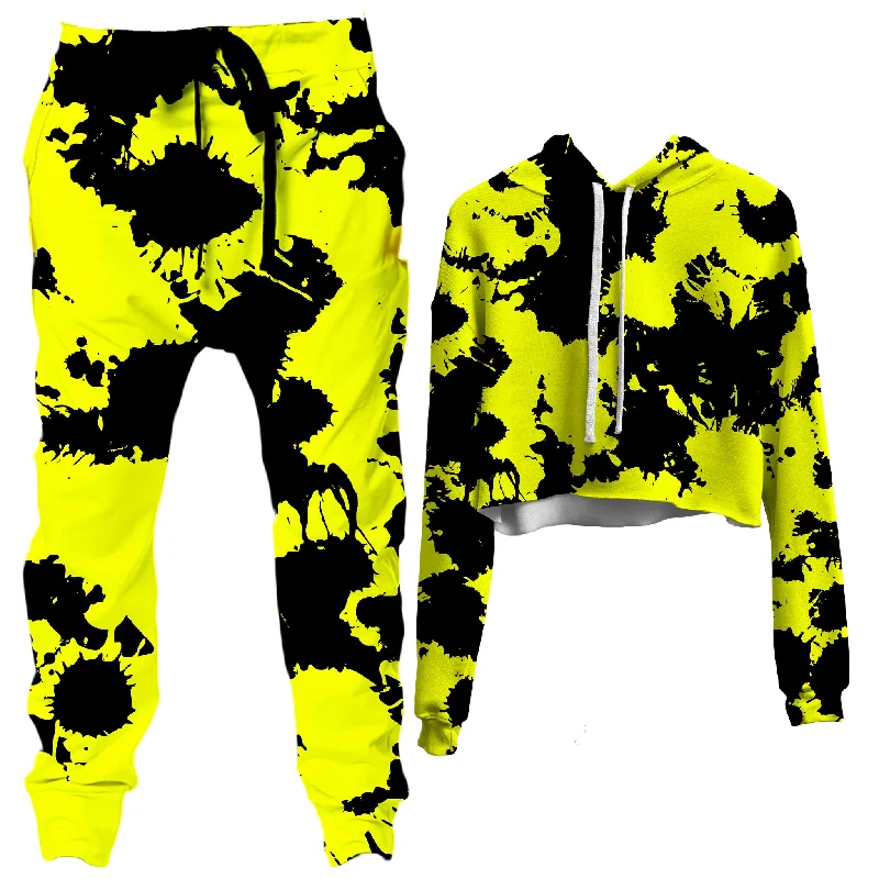 Yellow and Black Paint Splatter Crop Hoodie and Joggers Combo Hoodie with Embroidery Detailed Premium