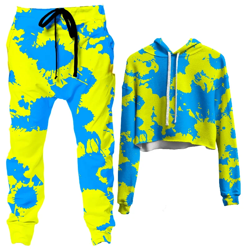 Yellow and Blue Paint Splatter Crop Hoodie and Joggers Combo Hoodie with Patch Decorative Personalized