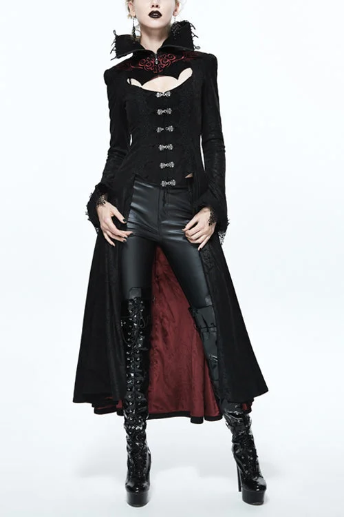Black And Red Floral High Collar Embroidered Womens Gothic Coat Cropped Fleece Jacket