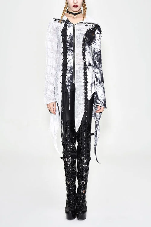 Black And White Tie Dyed Jersey Hooded Punk Asymmetrical Womens Coat Functional Travel Jacket Black And White Tie Dyed Jersey Hooded Punk Asymmetrical Womens Coat Functional Travel Jacket