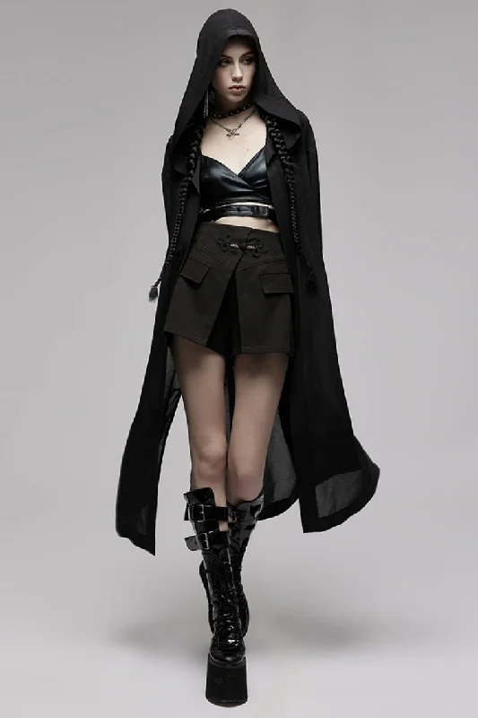 Black Dark Pattern Print Hooded Women's Gothic Coat Belted Crossover Blazer