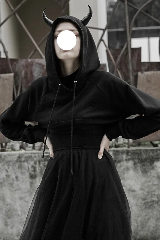 Black Demon Horn Decoration Long Sleeves Lace-Up Hooded Women's Gothic Coat Stretch Fit Moto Jacket Black Demon Horn Decoration Long Sleeves Lace-Up Hooded Women's Gothic Coat Stretch Fit Moto Jacket