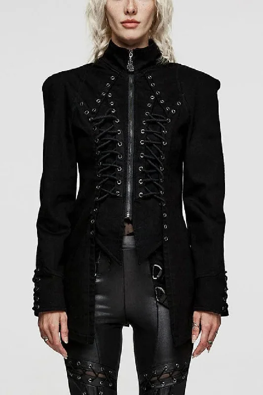 Black Denim Eyelet Rope Stand Collar Zipper Slim Irregular Womens Steampunk Coat Oversized Teddy Coat Black Denim Eyelet Rope Stand Collar Zipper Slim Irregular Womens Steampunk Coat Oversized Teddy Coat