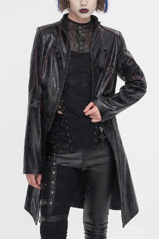 Black Double Buckle Faux Leather Long Women's Punk Coat Puff Sleeve Blazer