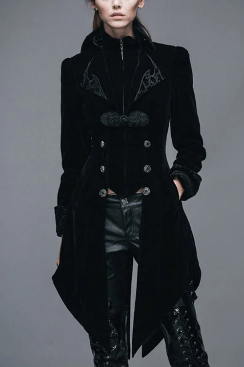 Black Embroidered High Collar Dovetail Velveteen Womens Gothic Coat Plaid Checkered Coat Black Embroidered High Collar Dovetail Velveteen Womens Gothic Coat Plaid Checkered Coat