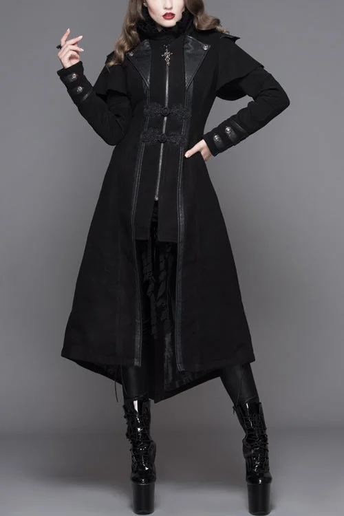 Black Fake Two Pieces Game Style Woollen Womens Punk Coats Flowy Lightweight Kimono