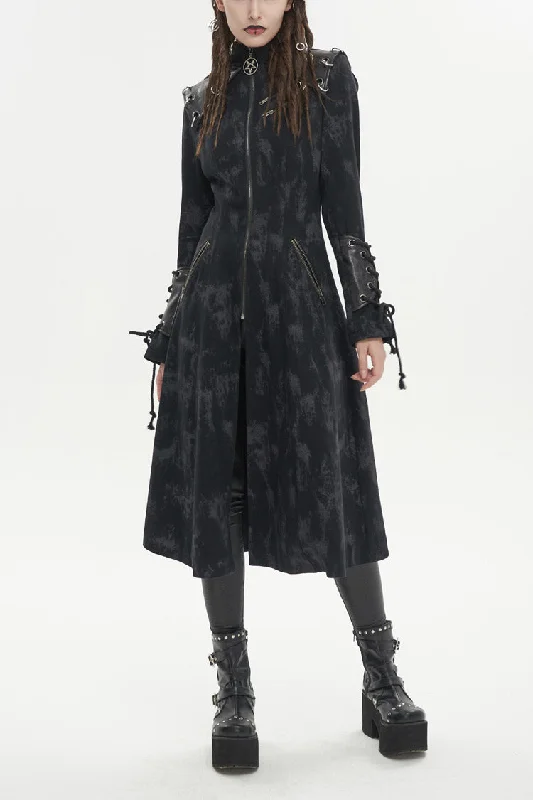 Black Faux Leather Splice With Hood Irregular Pattern Print Long Women's Punk Coat Pastel Wool Peacoat Black Faux Leather Splice With Hood Irregular Pattern Print Long Women's Punk Coat Pastel Wool Peacoat