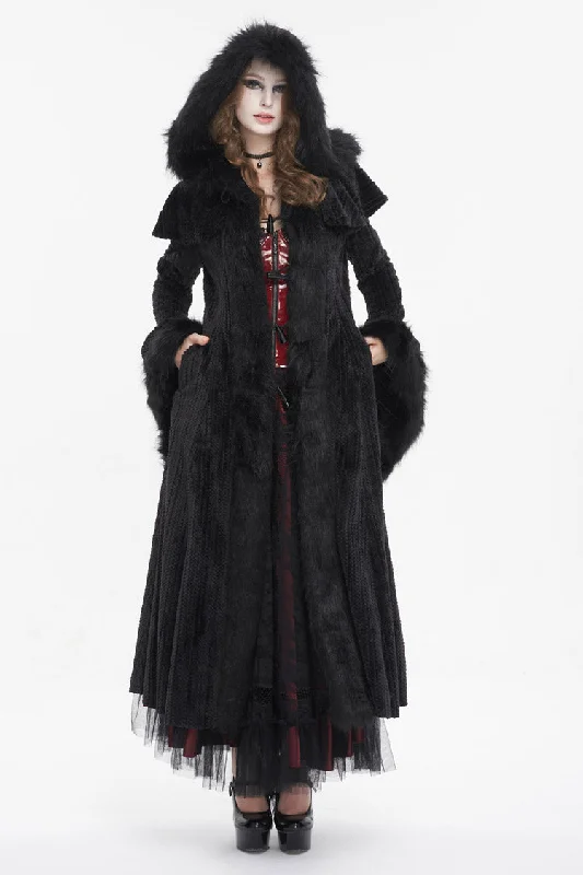 Black Flared Sleeved Fluffy Long Women's Gothic Coat With Hood Suede Fringe Jacket