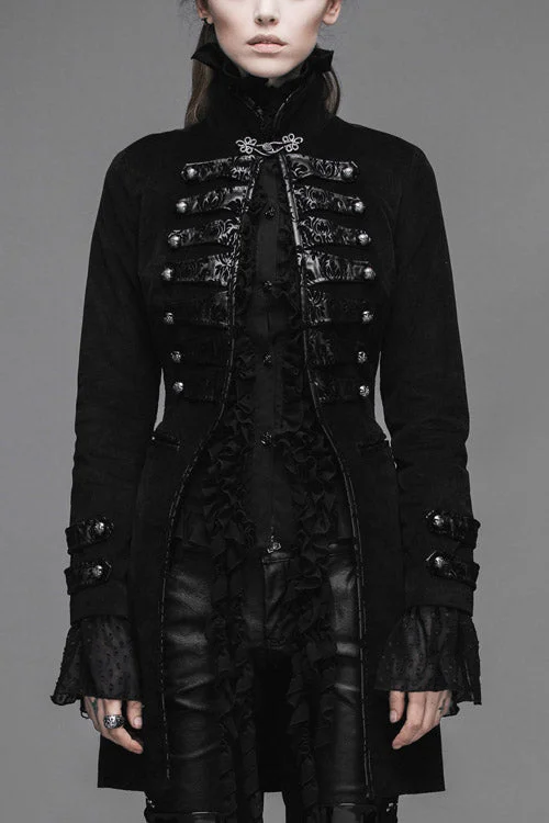 Black Floral Flocking Leather Loops Stand Collar Poncho Womens Gothic Coat Structured Wool Blazer Black Floral Flocking Leather Loops Stand Collar Poncho Womens Gothic Coat Structured Wool Blazer