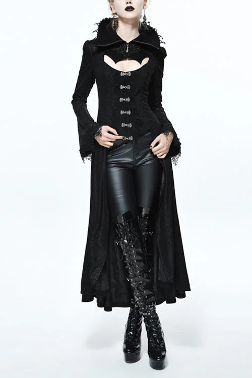 Black Floral Pattern Embroidered Womens Gothic Coat Functional Travel Jacket