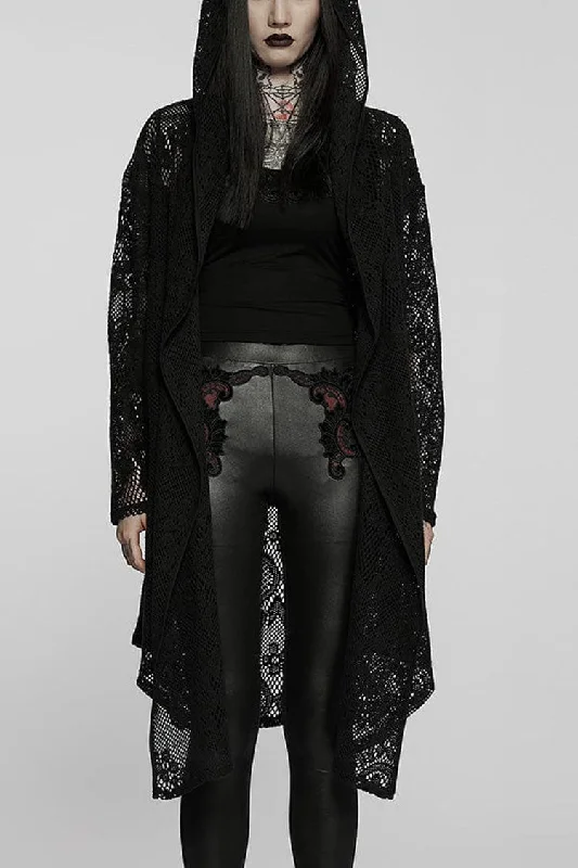 Black Floral Print Hollow Mesh Hooded Womens Gothic Coat Waterproof Rain Jacket