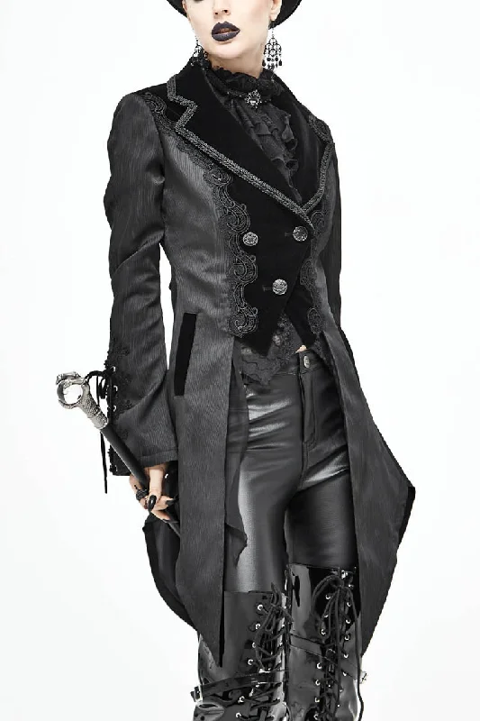 Black Front Decals Metal Button Lace-Up Cuff Dovetail Hem Striped Jacquard Women's Gothic Coat Long Hooded Anorak Black Front Decals Metal Button Lace-Up Cuff Dovetail Hem Striped Jacquard Women's Gothic Coat Long Hooded Anorak