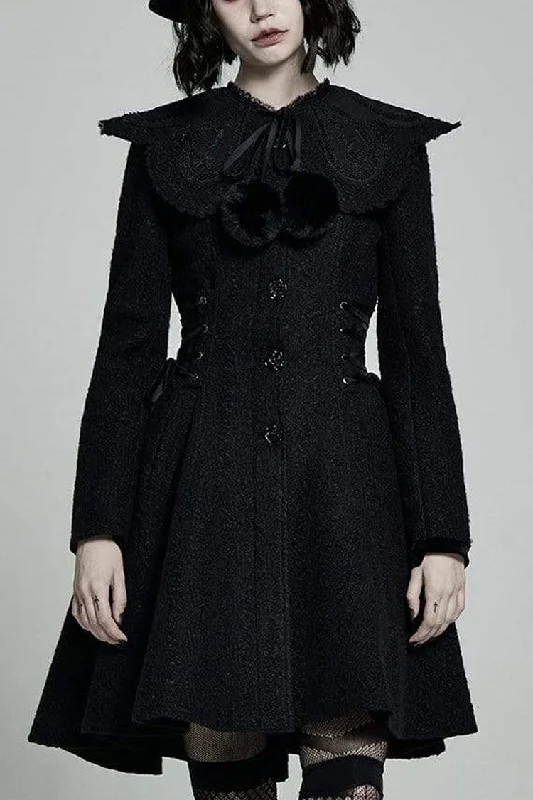 Black Fur Collar Fur Ball Decoration Long Sleeves Rose Button Womens Gothic Coat With Removable Collar Elegant Wool Jacket Black Fur Collar Fur Ball Decoration Long Sleeves Rose Button Womens Gothic Coat With Removable Collar Elegant Wool Jacket