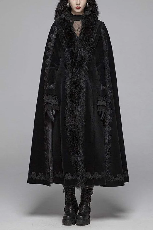 Black Fur Collar Slit Cloak Shape Sleeve Back Waist Lace Up Imitation Cashmere Long Women's Gothic Coat Thick Layered Jacket Black Fur Collar Slit Cloak Shape Sleeve Back Waist Lace Up Imitation Cashmere Long Women's Gothic Coat Thick Layered Jacket